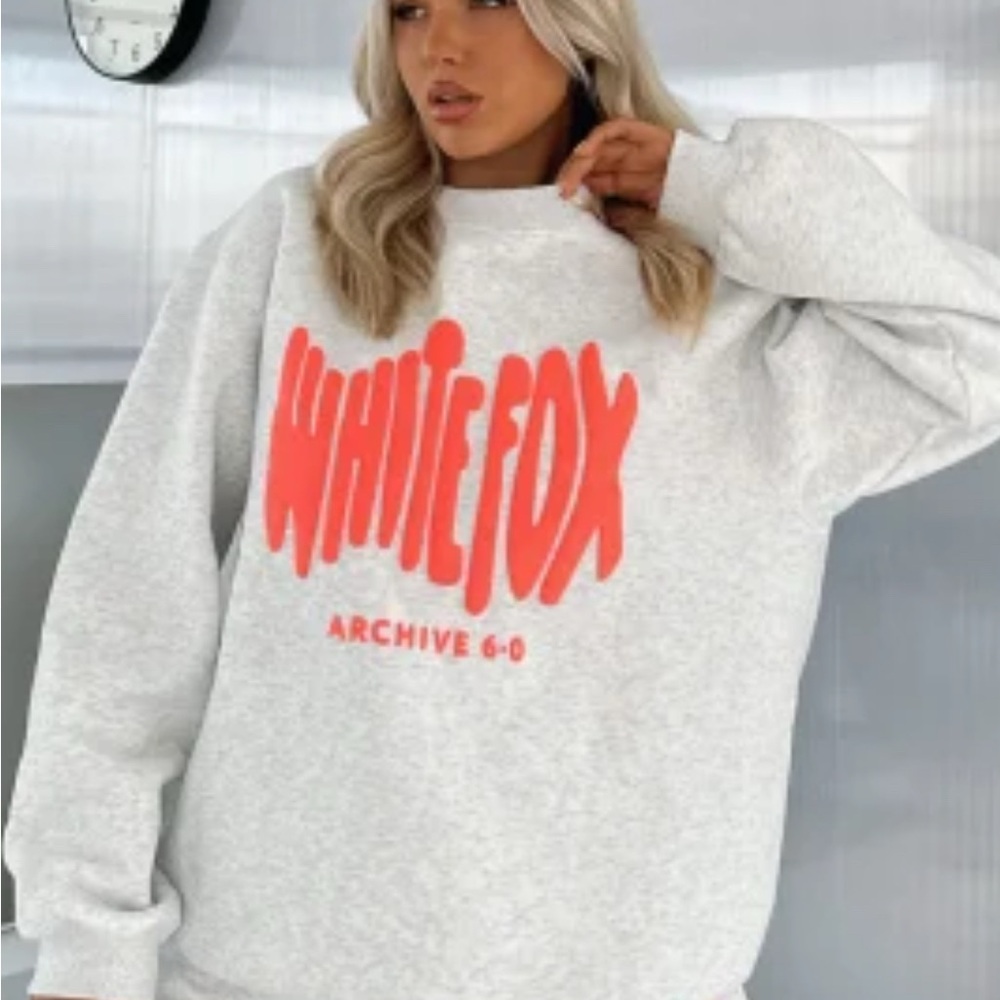 White Fox Boutique Oversized Gray and Orange Graphic Hoodie